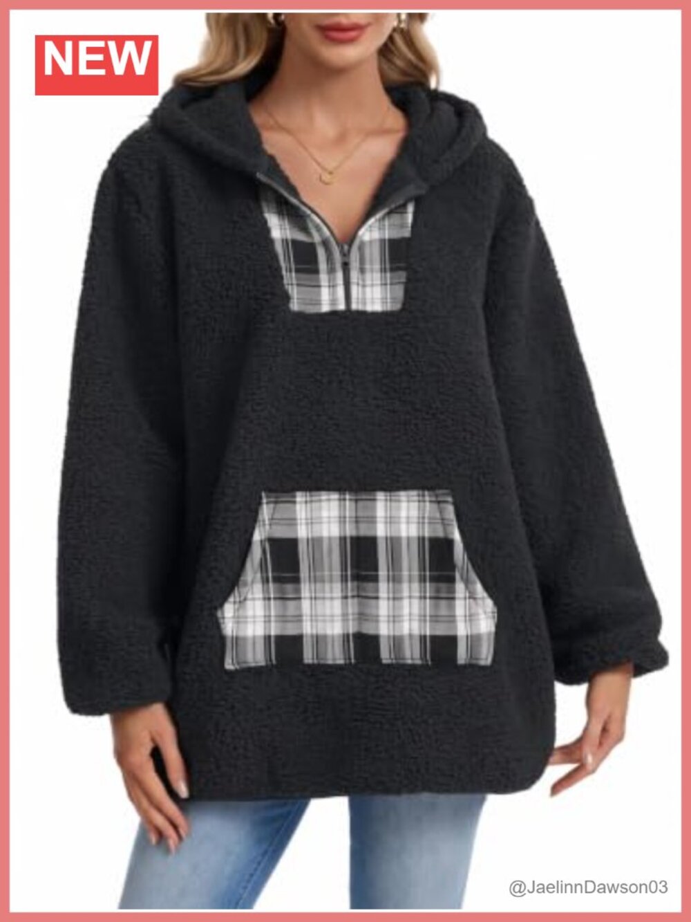 Sherpa Fleece Quarter Zip Pullover Hoodie Plaid Pocket Oversized